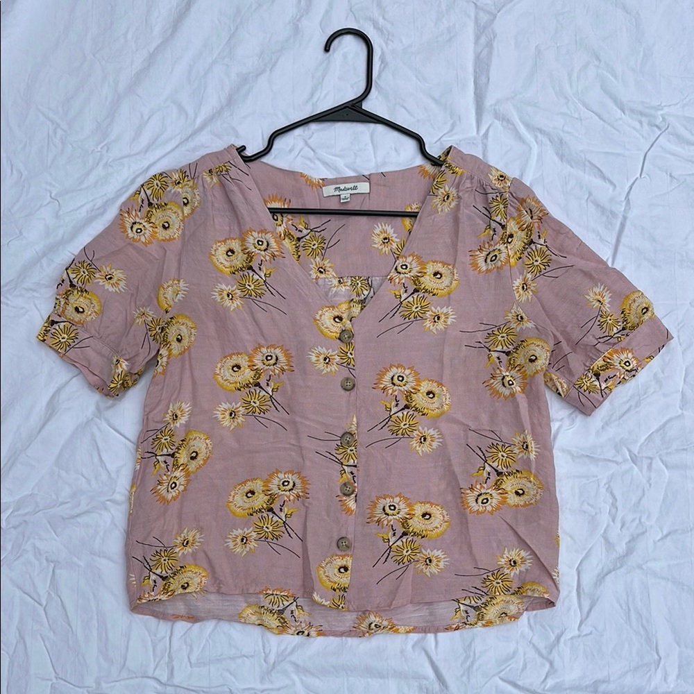 Madewell Pink Boxy Short Sleeve Linen Blouse